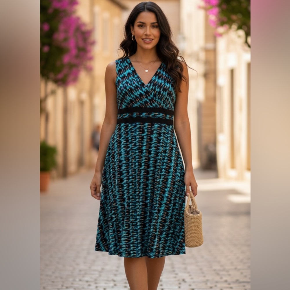 AA Studio Sleeveless Teal Blue & Black Patterned Women's Dress‎ size 14 side zip
